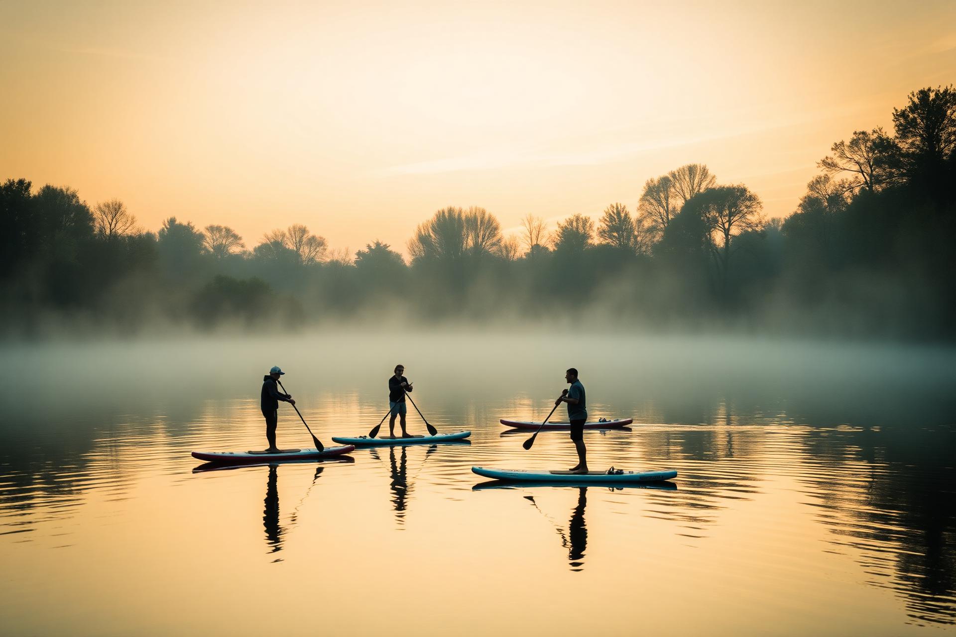 Paddler auf einem ruhigen Berliner See bei Sonnenuntergang